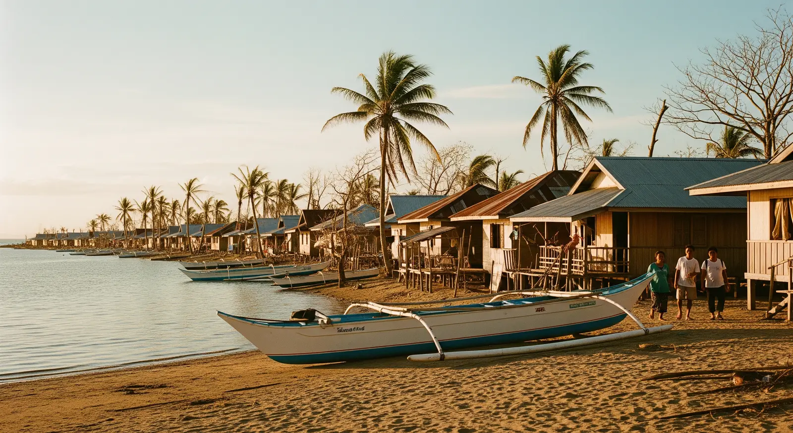 A coastal fishing community in the Philippines rebuilding after a typhoon
